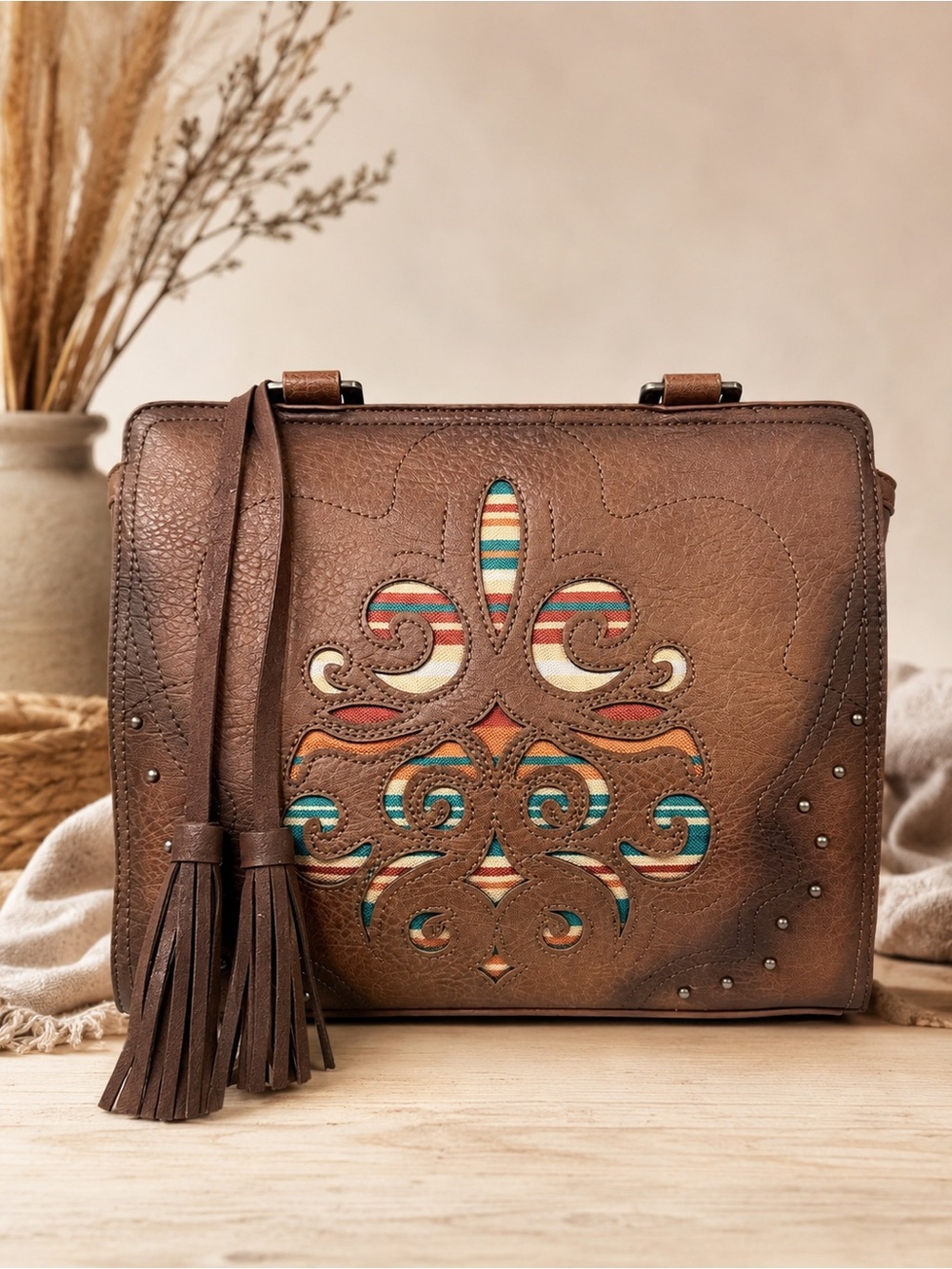 Justin Boots Brown Leather Shoulder Bag with Multicolor Inlay and Tassel